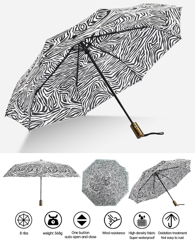 Windproof Travel Umbrellas Lightweight Automatic Compact Folding Umbrella Zebra Stripes Design Reinforced Canopy Auto Open Close