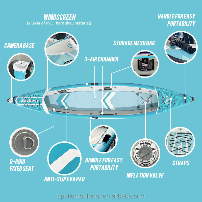 Spatium Stock Inflatable Kayak 2 Person Factory Custom Fishing Canoe Drop Stitch Rowing Boats With Detachable Fin