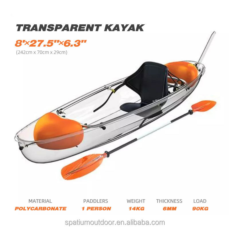 Spatium Hot Selling  Polycarbonate Plastic Boat See Through Bottom Crystal Clear Transparent Kayak for sale