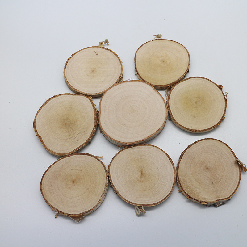 Custom logo laser engrave blank round disk natural solid birch wood bark slice wood craft blanks