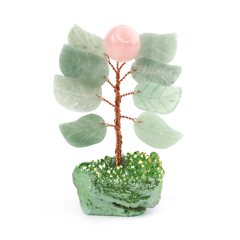 Natural  gemstone lucky craft rose quartz  apple crystal  tree in aura geode