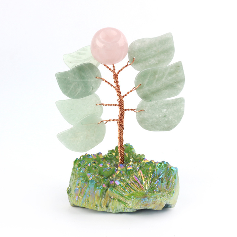 Natural  gemstone lucky craft rose quartz  apple crystal  tree in aura geode