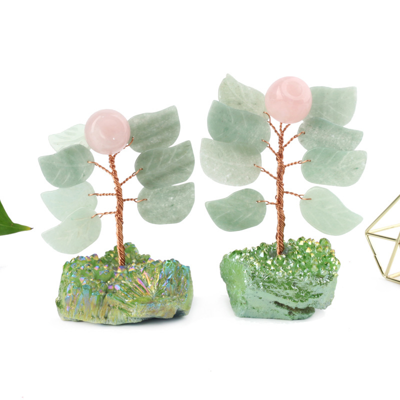 Natural  gemstone lucky craft rose quartz  apple crystal  tree in aura geode