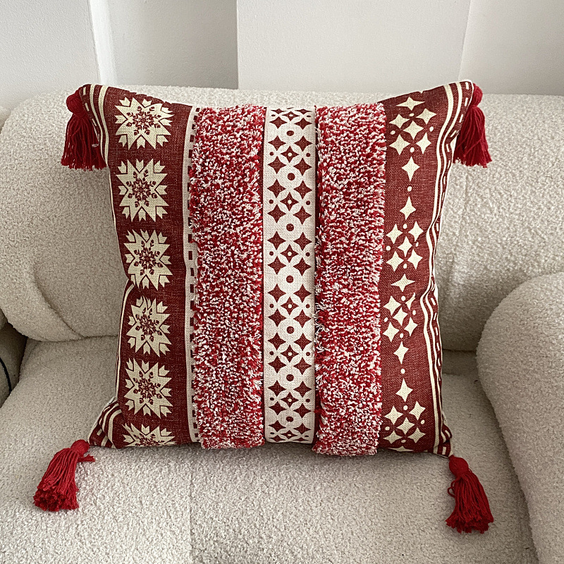 Boho Style Tufted Cotton Linen Print Throw Cushion Cover Decorative Geometric Design Pillow Case With Tassels For Home Decor