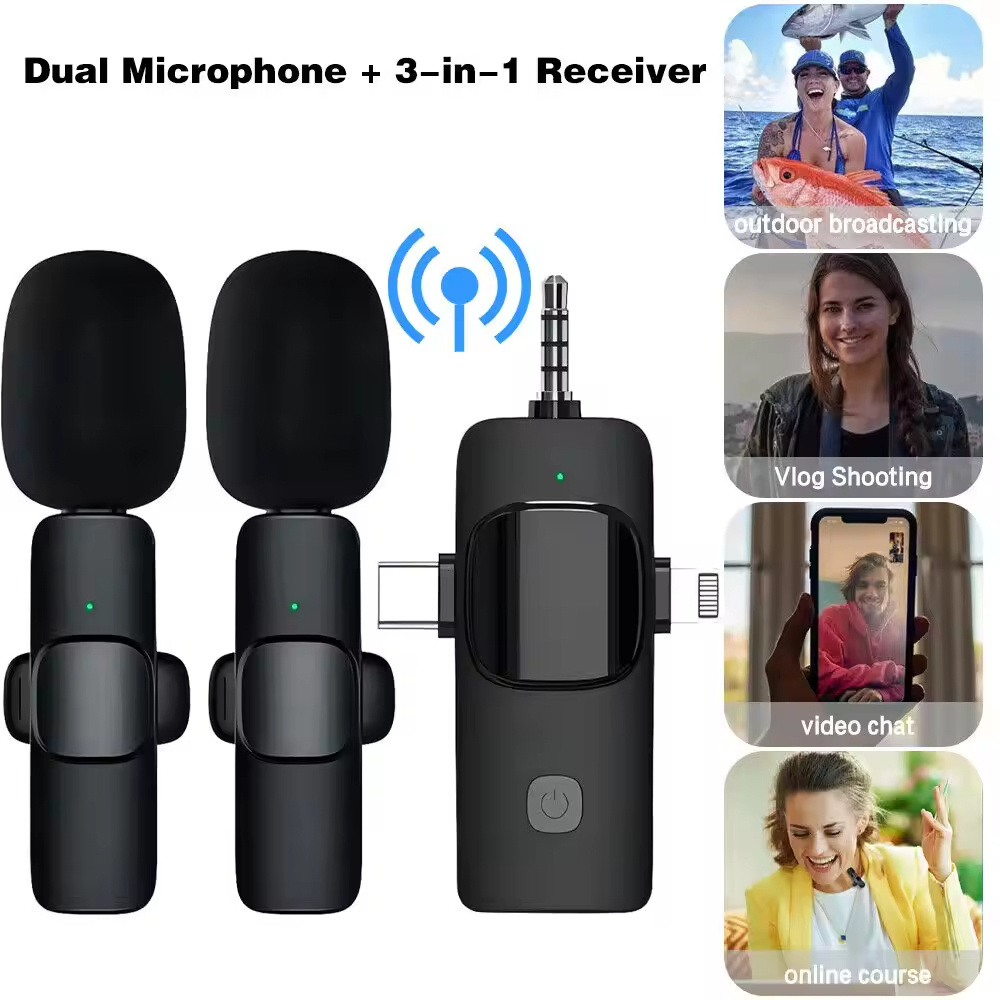 K15 3in1 Lavalier Wireless Microphone 3.5mm Round Jack Automatic Noise Reduction Cordless Outdoor Live Radio Microphone