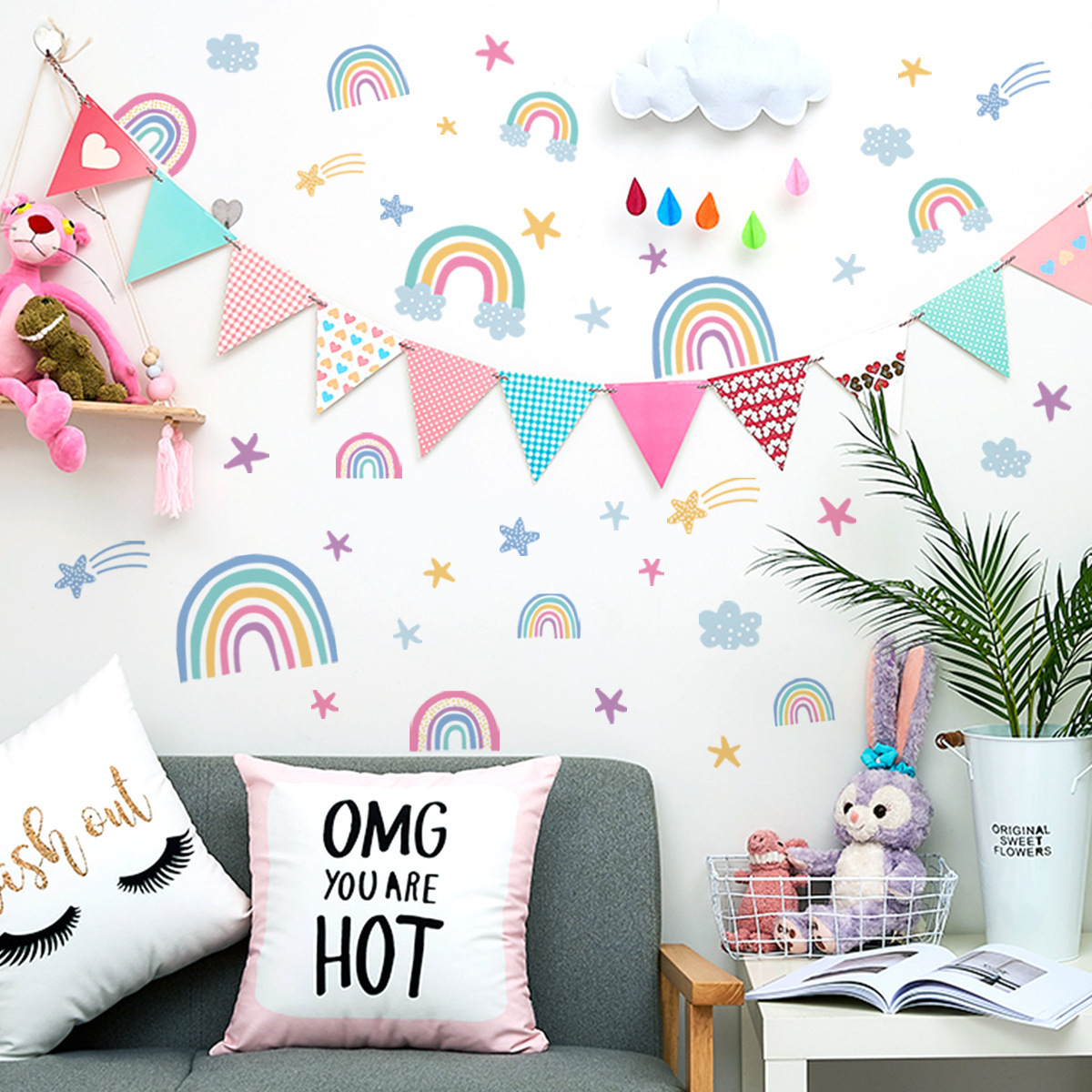 Boho luminous fluorescent rainbow stars decorate children's bedroom walls with self-adhesive wall stickers