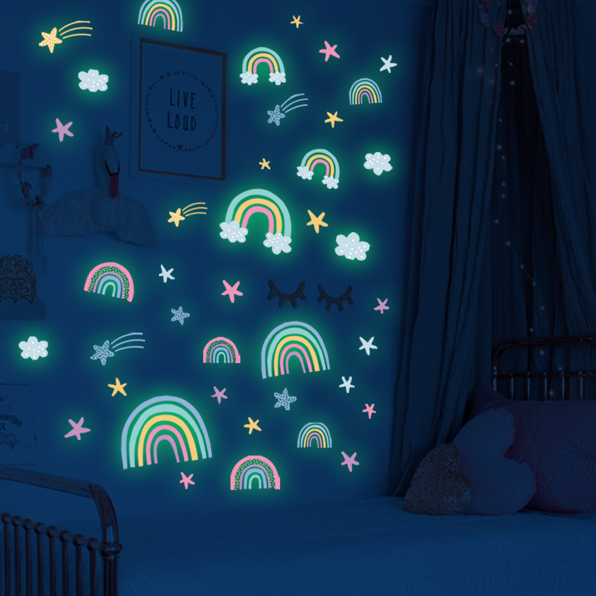 Boho luminous fluorescent rainbow stars decorate children's bedroom walls with self-adhesive wall stickers