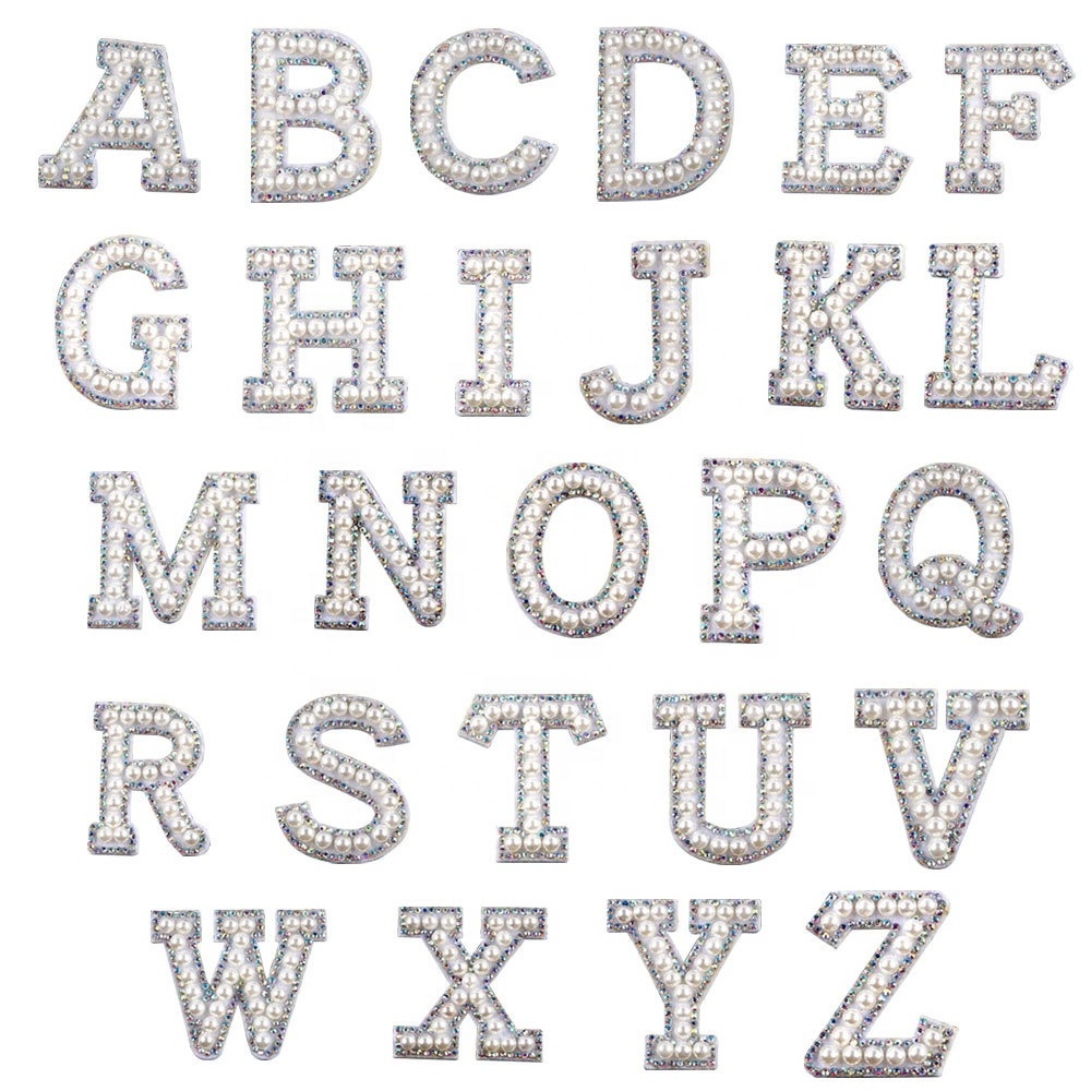 Letter Sets A-Z 26 a Set Self Adhesive Alphabet Applique Patch Rhinestones Pearls Patches