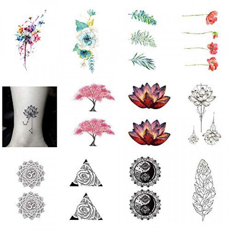 Lotus Flowers Temporary Tattoo Sticker Rose Sunflowers Watercolor Waterproof Women Girls Hand Arm Chest Back Body Art