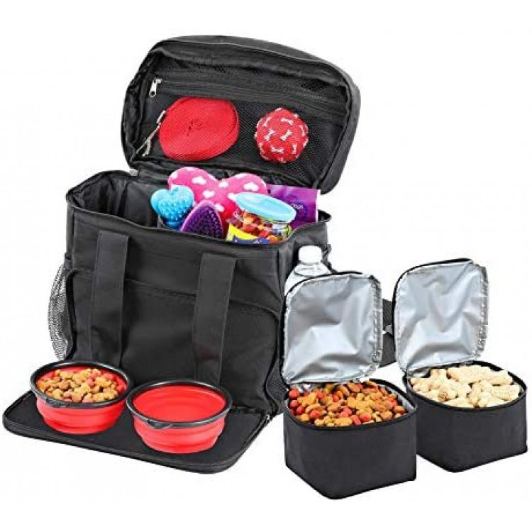 Dog Travel Bag Accessories Supplies Organizer 5-Piece Set with Shoulder Strap | 2 Lined Pet Food Containers, 2 Collapsible Feed