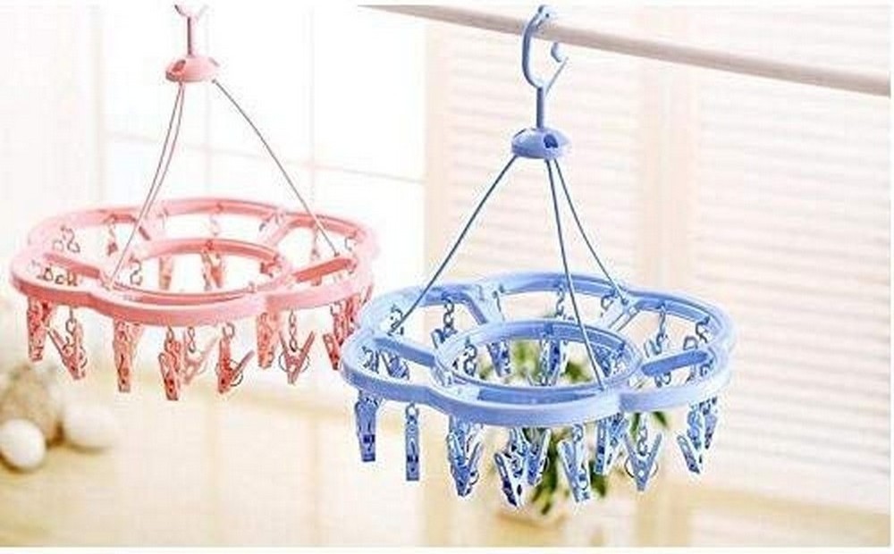 Blue Plastic Foldable Round Shape Clip Drip Clothesline Laundry Drying Rack with Pegs Underwear Socks Drying for Clothes Hanger