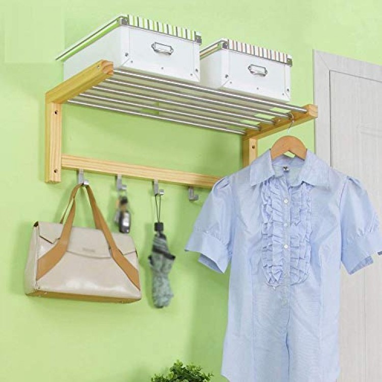 Wall Coat Rack Clothes Hat Hanger Holder Hooks Rods Shelf Wood Fashion, 3 Colors Available