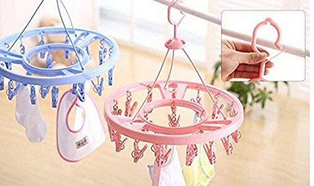 Blue Plastic Foldable Round Shape Clip Drip Clothesline Laundry Drying Rack with Pegs Underwear Socks Drying for Clothes Hanger