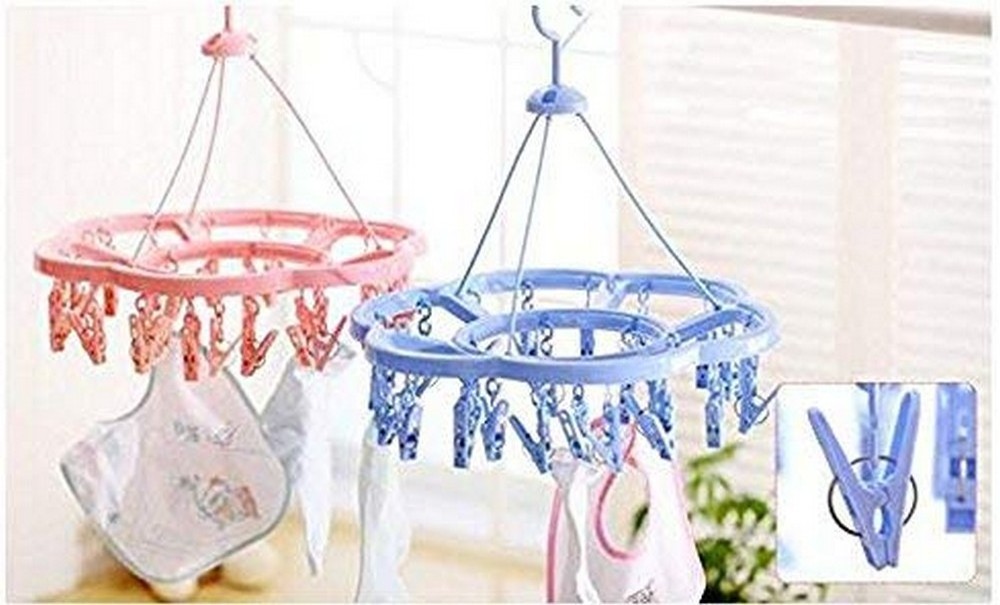 Blue Plastic Foldable Round Shape Clip Drip Clothesline Laundry Drying Rack with Pegs Underwear Socks Drying for Clothes Hanger