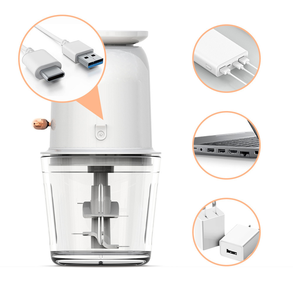 Portable Food Processor Cordless Meat Garlic Chopper with 600ml Glass Bowl 1500mAh USB Rechargeable Electric Vegetable Chopper