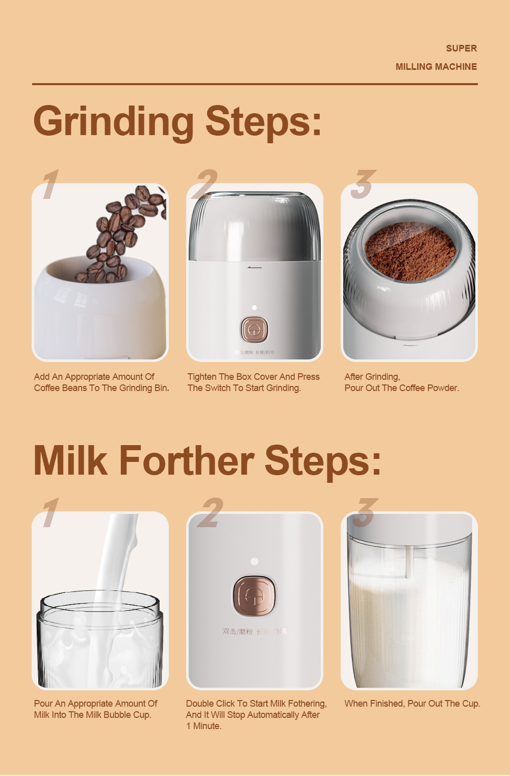 Personal Mini Electric Milk Frother Cappuccino Milk Steamer Coffee Beans Grinding Machine