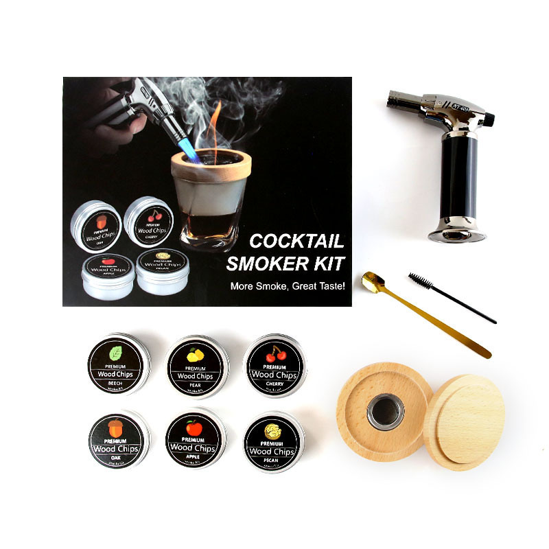 Whiskey Wooden Smoker Set Jet Lighter 3 Flame Chimney Drink Smoker Wood Chip Drink Smoking Infuser Kit