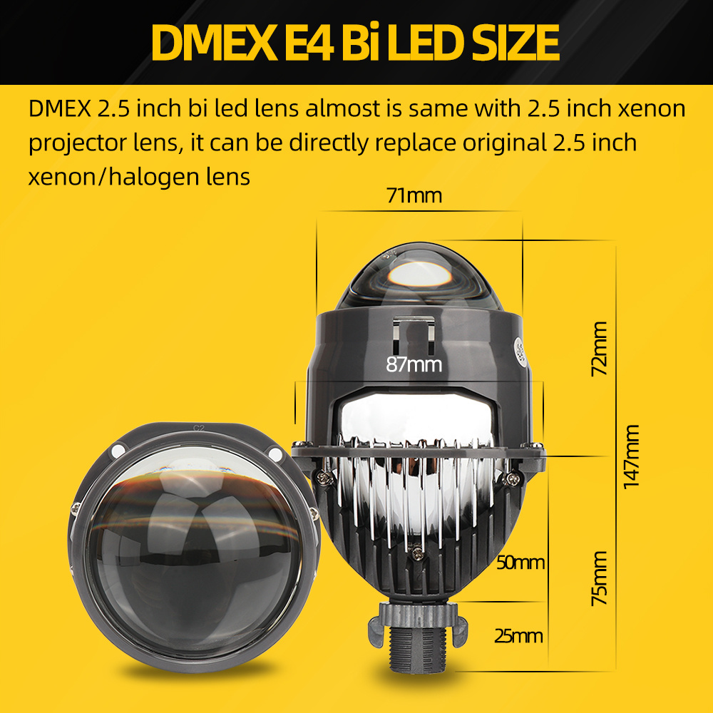 DMEX E4 Mini 2.5 Inch H7 LED Projector Headlight Lens Retrofit High Low Beam Headlight H4 9005 9006, 40W 4500Lm 6000K