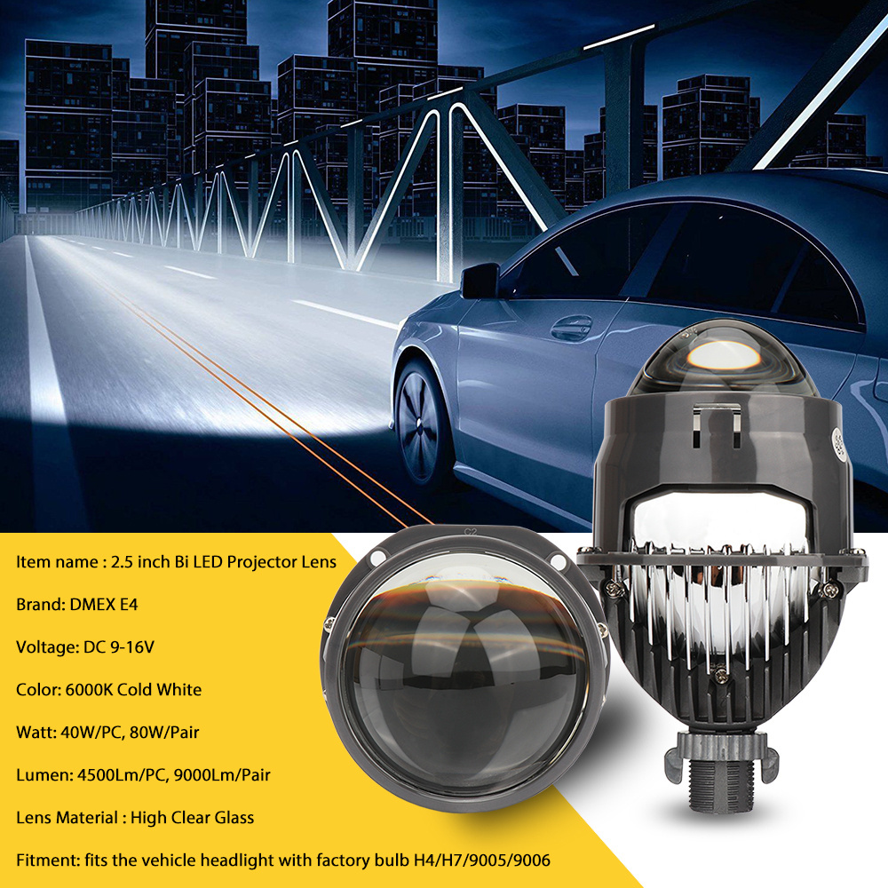 DMEX E4 Mini 2.5 Inch H7 LED Projector Headlight Lens Retrofit High Low Beam Headlight H4 9005 9006, 40W 4500Lm 6000K