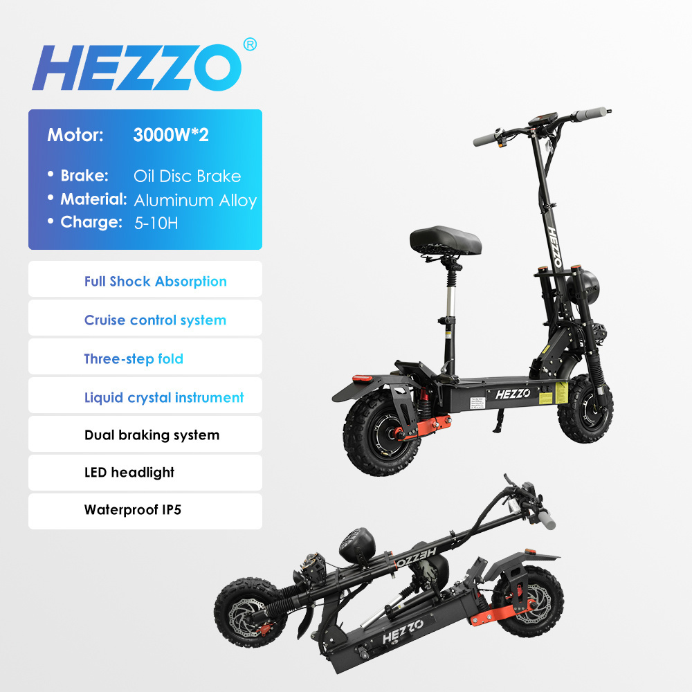 HEZZO EU US Warehouse Electric Scooter 60V 5600W Dual Motors Foldable Off Road Fat Tire 45Ah Escooter Moped with Seat