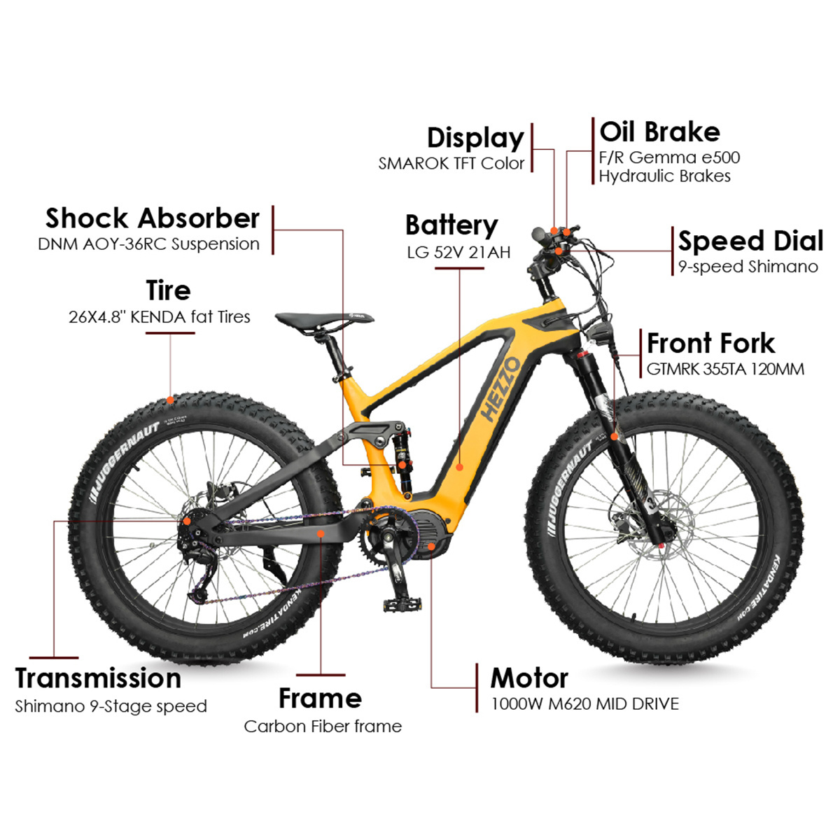 2024 EU US HEZZO Carbon Fiber Ebike 26 Inch 52V Bafang M620 1000w Middrive Electric Bike 21Ah 21700 LG DNM Suspension Moped Emtb