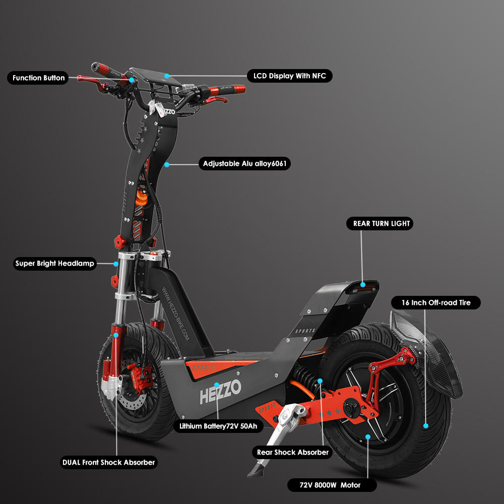 HEZZO EU US Warehouse Electric Scooter 72v 8000W Off Road 50Ah 21700  100Kmp Escooter Power Foldable Electric Scooter With Seat