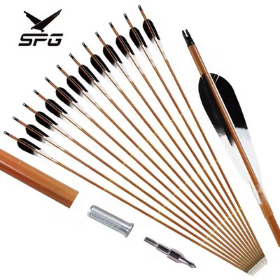 SPG Bamboo Carbon Arrow Archery Hunting Traditional Recurve Bow Turkey Feather Nock Rest 500 Spine 32 inch Shaft Replacement Tip