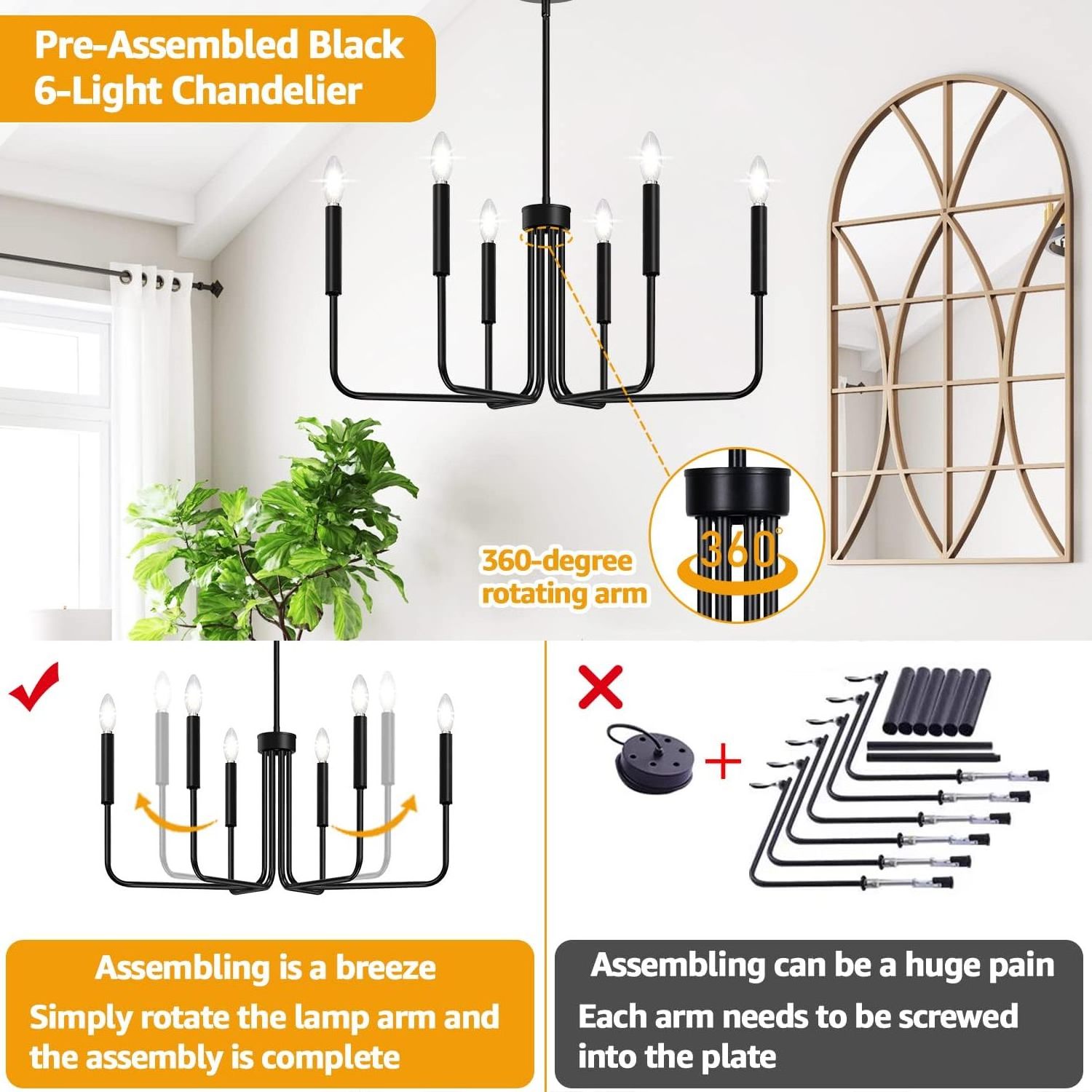 Dopwii Black 6-Light Chandeliers Classic Candle Ceiling Pendant Light Fixture Wrought Iron Farmhouse Chandelier Kitchen Island