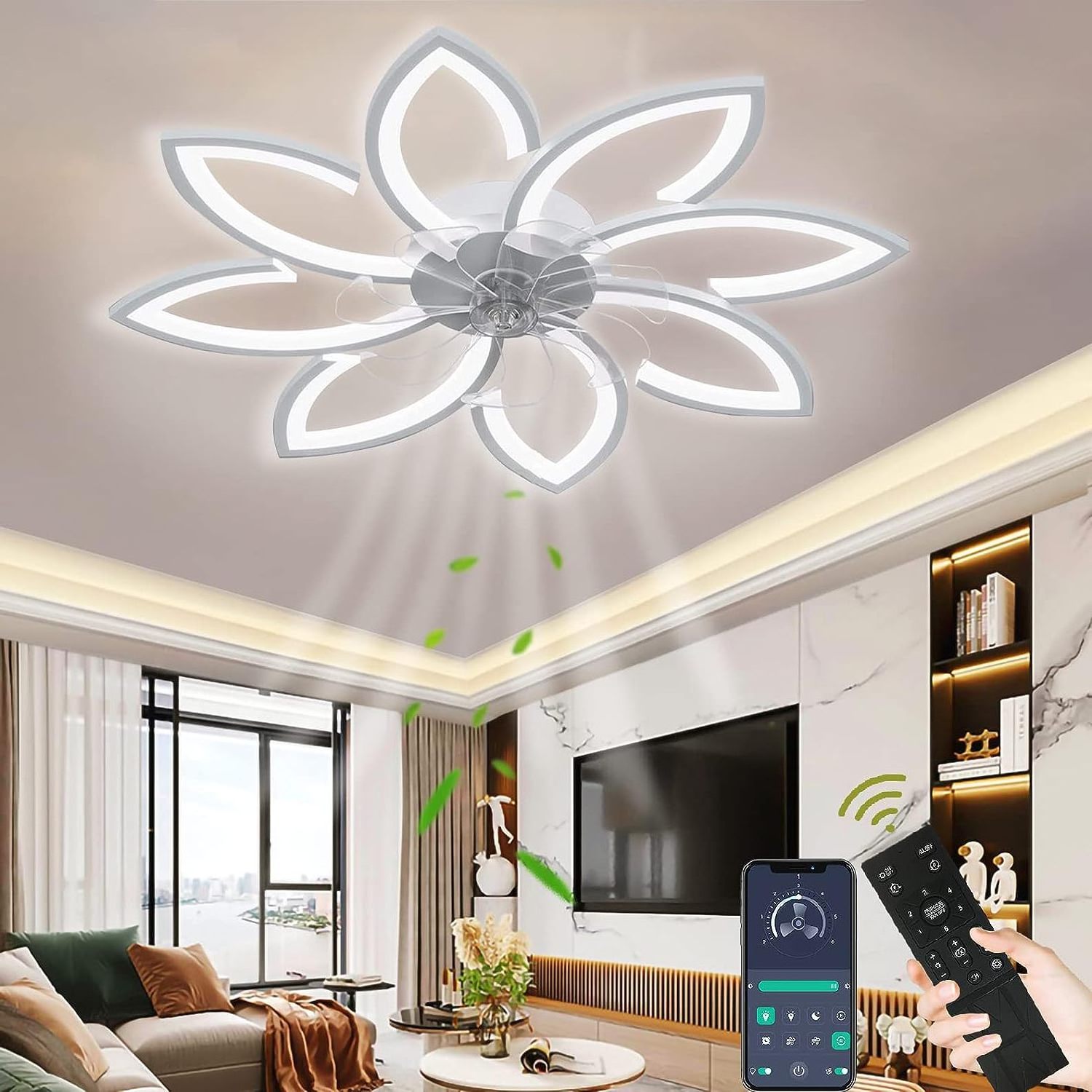 Dopwii Ceiling Fan with Lighting 90 cm Modern LED Dimmable Ceiling Light with Fan Creative 8 Lights Design