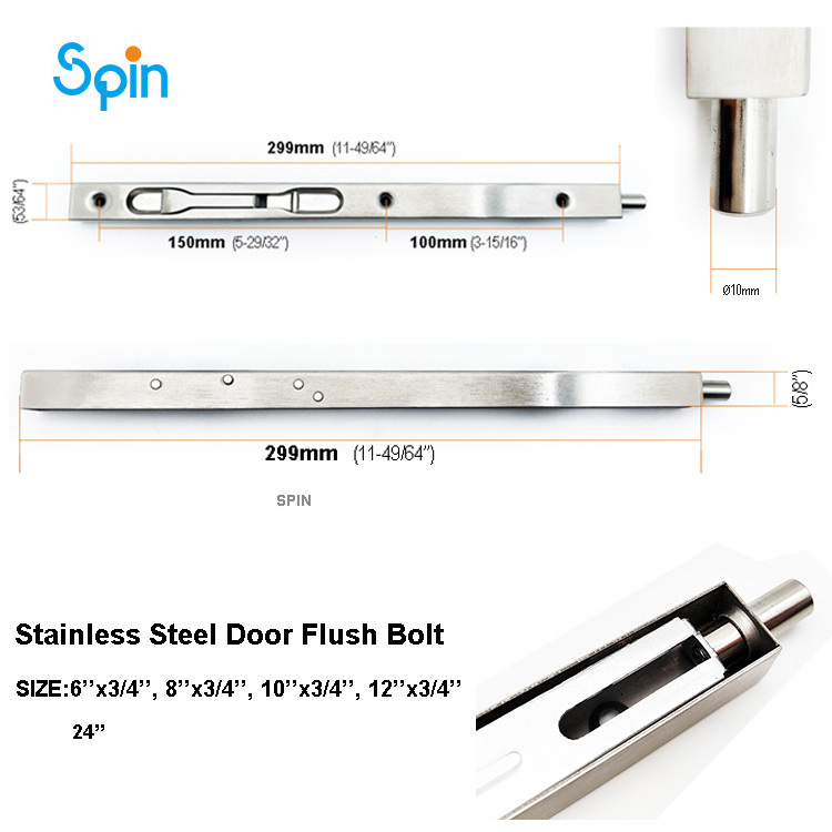 SS304 12'' Heavy Duty French Door Flush Bolt Concealed Slide Lock for Door