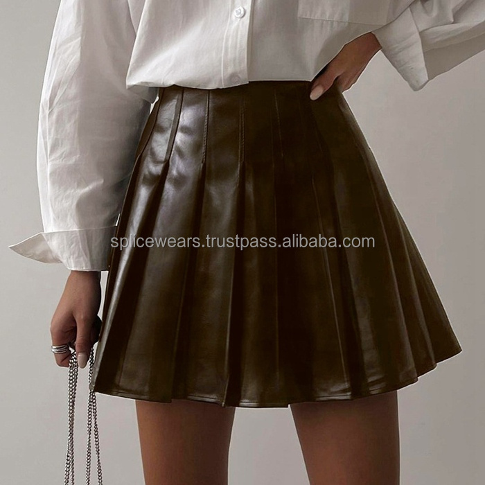 Ladies PU Leather Long Sleeve Short Tops Mini Skirt High Waist Skirt for women