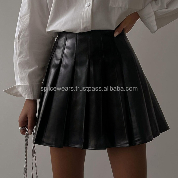 Ladies PU Leather Long Sleeve Short Tops Mini Skirt High Waist Skirt for women