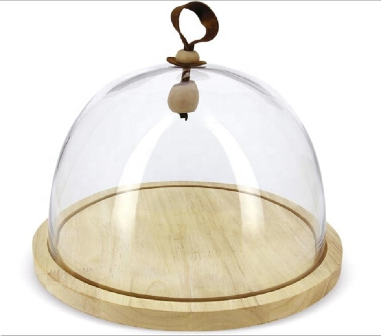 Dia.27cm  Decorative display wholesale glass cloche dome with rope handle and wood base SGS certification