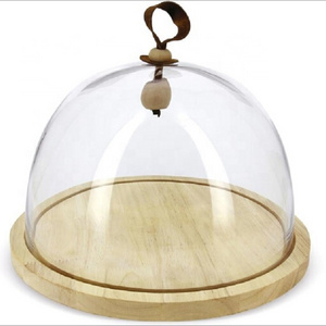 Dia.27cm  Decorative display wholesale glass cloche dome with rope handle and wood base SGS certification