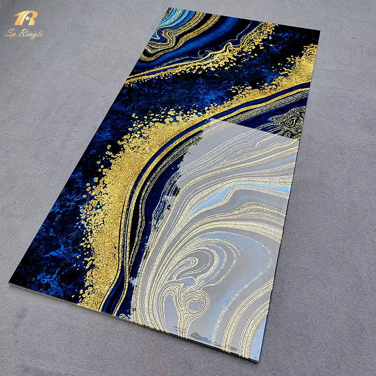 Blue mirror porcelain 600*1200 tile modern pattern shiny gold tv background wall luxury marble floor tile luxury for interior