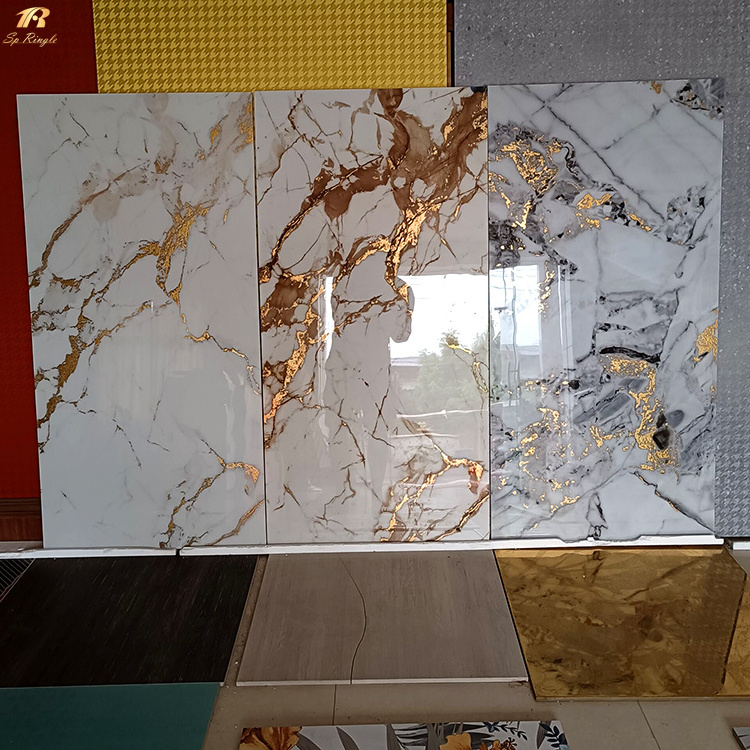 House glossy white golden Foshan marble tile vitrified interior walls click and lock gold vein ceramic Carara floor marble tile