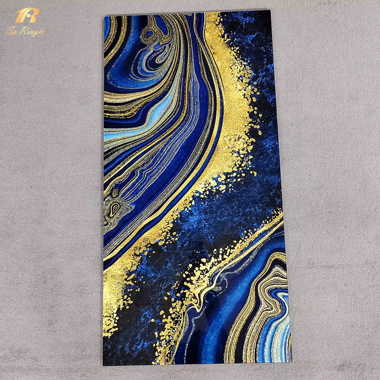 Blue mirror porcelain 600*1200 tile modern pattern shiny gold tv background wall luxury marble floor tile luxury for interior