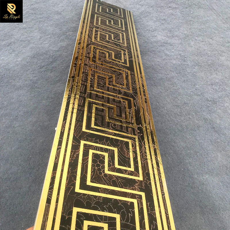 Spingletile foshan building materials black wood grain border floor design patterned porcelain golden matte ceramic border tile