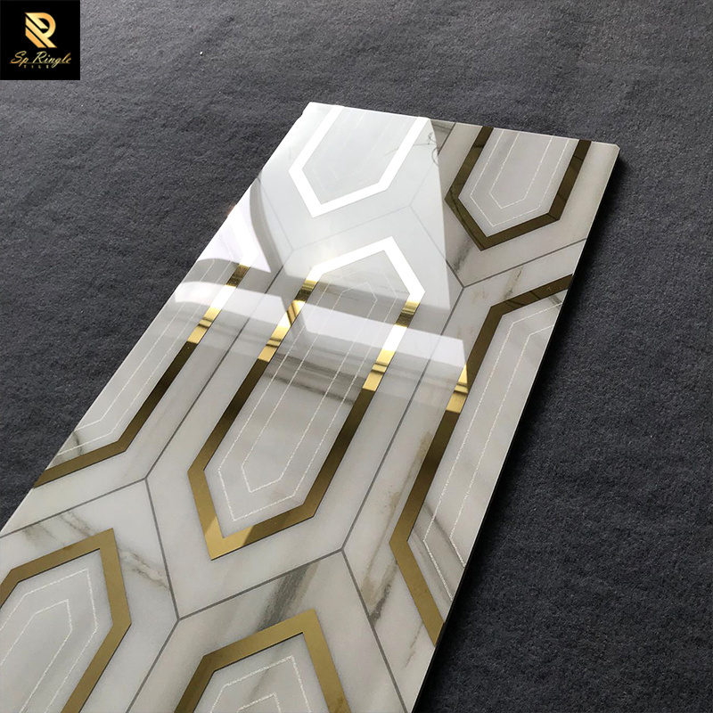 Springletile gold inlay tile Indoor porcelain design decorative polished glazed porcelain  printed ceramic golden tiles