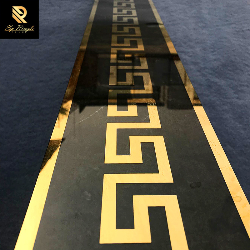 Springletile black ceramic gold greek mirror polish border tile decorative lines wall marble flooring border hotel tile