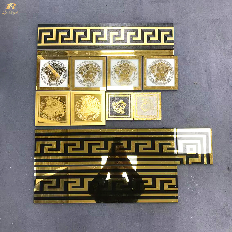 Bathroom ceramic tile gold border wall floor tiles borders decorative luxury villa Polished black gold ceramic border tile