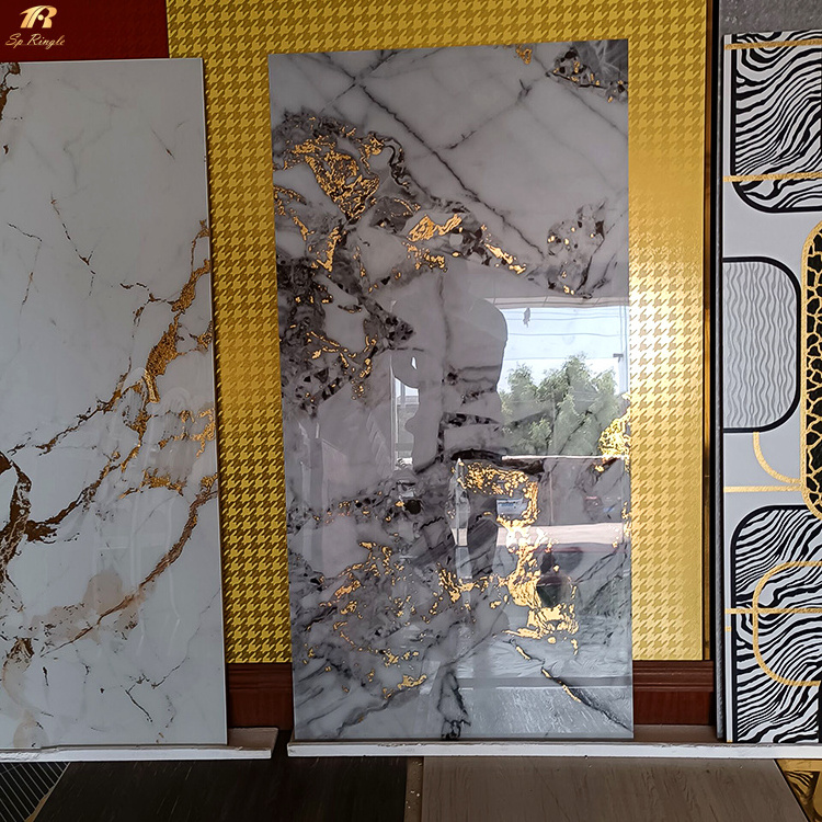 Interior luxury 3d microcrystalline glass ceramics white marble tile backsplash decorative gold bathroom walls and floors tiles