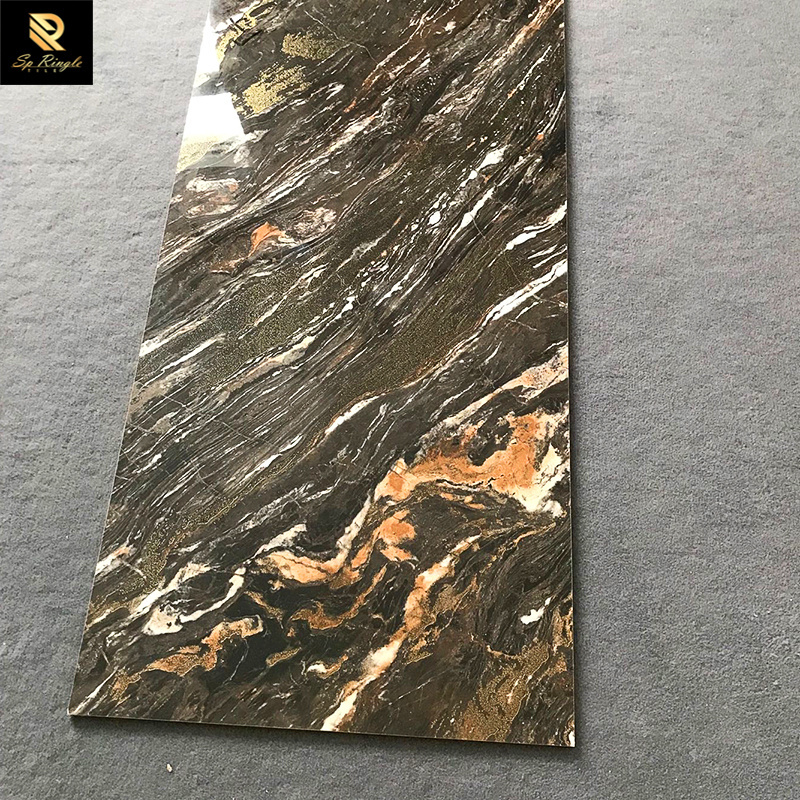 Springletile luxury guest bathroom non-slip indoor black gold glitter marble decorative polished glazed tile