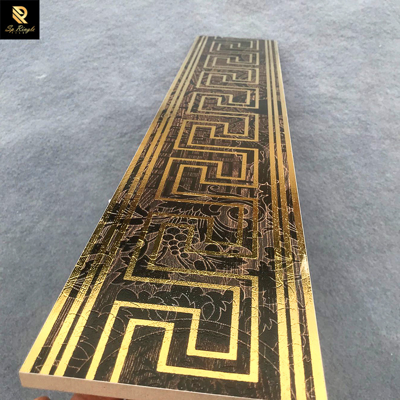 Spingletile foshan building materials black wood grain border floor design patterned porcelain golden matte ceramic border tile