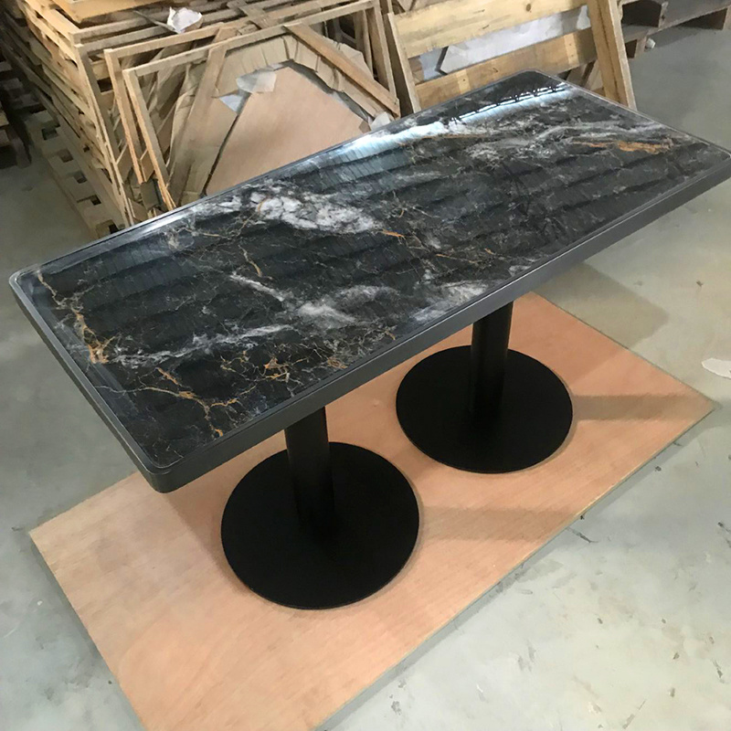 Custom luxury modern stainless steel pedestal black travertine marble top patio restaurant dining table