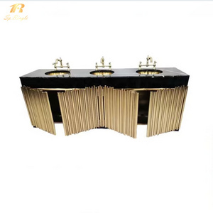 Black gold stainless steel wash basin modern floor standing luxury marble countertop hotel bathroom cabinets and vanities