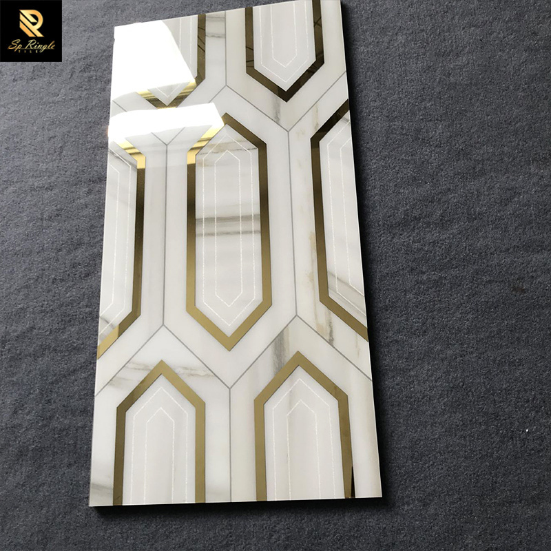 Springletile gold inlay tile Indoor porcelain design decorative polished glazed porcelain  printed ceramic golden tiles