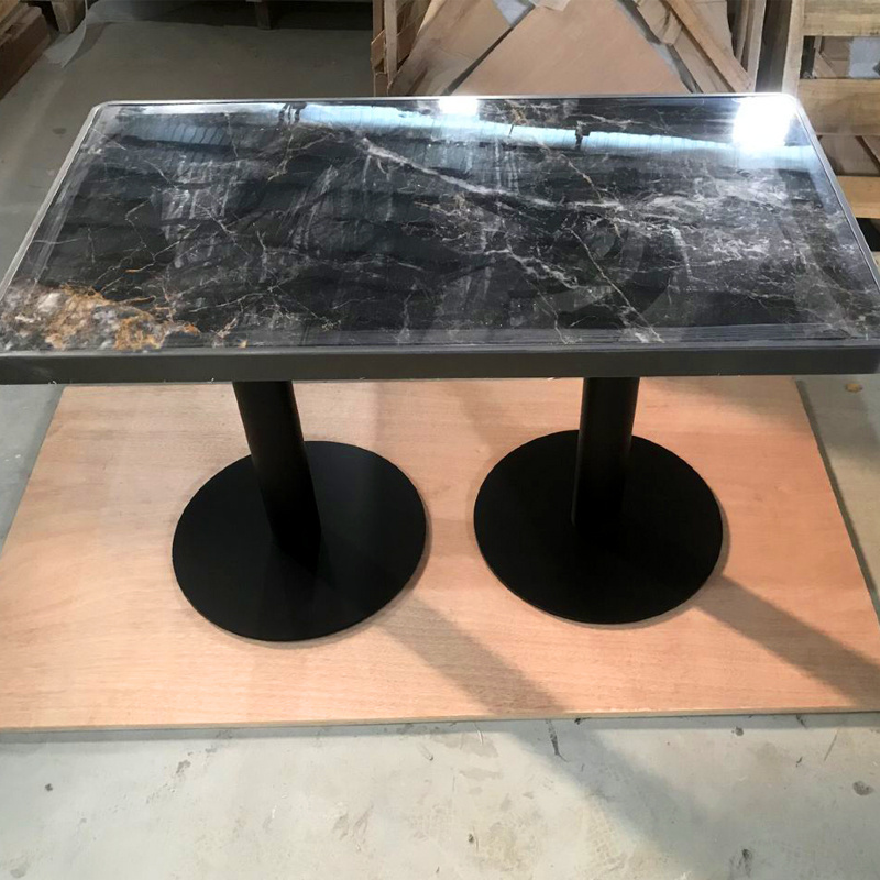 Custom luxury modern stainless steel pedestal black travertine marble top patio restaurant dining table