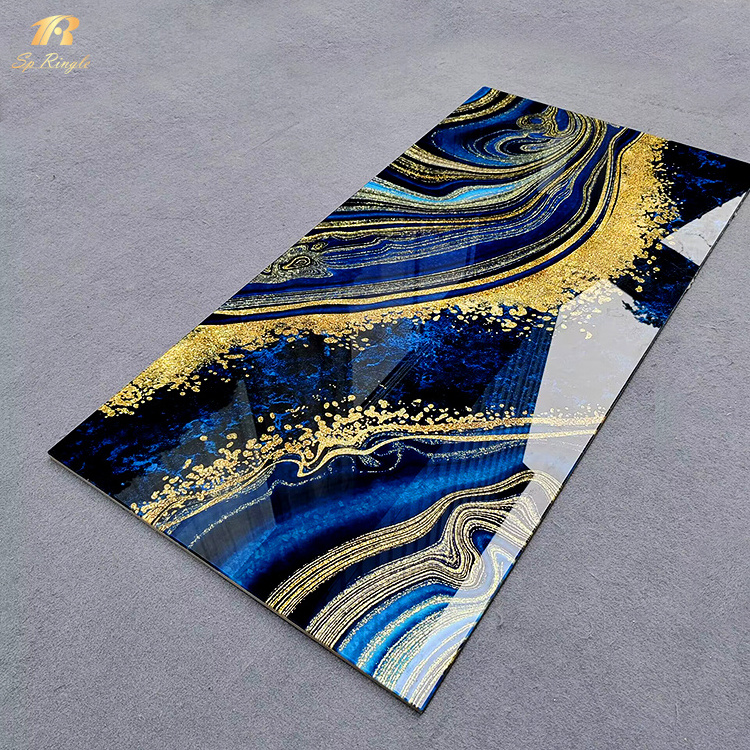 Blue mirror porcelain 600*1200 tile modern pattern shiny gold tv background wall luxury marble floor tile luxury for interior