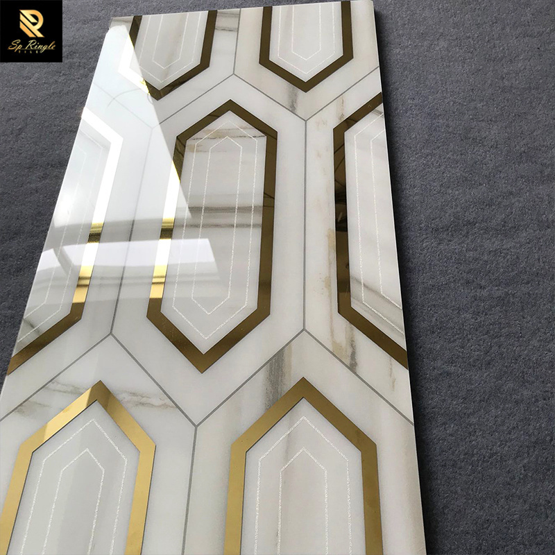 Springletile gold inlay tile Indoor porcelain design decorative polished glazed porcelain  printed ceramic golden tiles